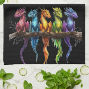Regenbogengruppe von Baby-Drachen auf Schwarz Geschirrtuch