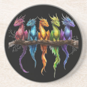 Regenbogengruppe von Baby-Drachen auf Schwarz Getränkeuntersetzer