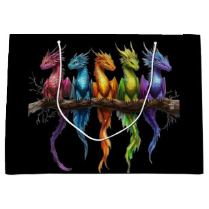 Regenbogengruppe von Baby-Drachen auf Schwarz Große Geschenktüte