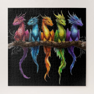 Regenbogengruppe von Baby-Drachen auf Schwarz Puzzle