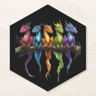 Regenbogengruppe von Baby-Drachen auf Schwarz Untersetzer