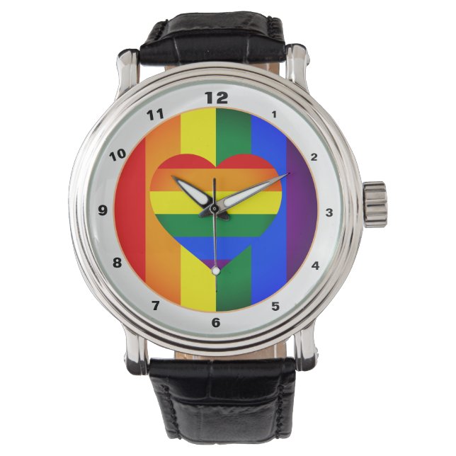 Regenbogenherz & Regenbogenflagge / LGBT Armbanduhr (Vorderseite)