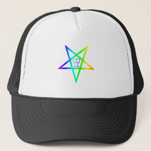 Regenbogenhomosexuelle Frau umgekehrter Pentagram Truckerkappe