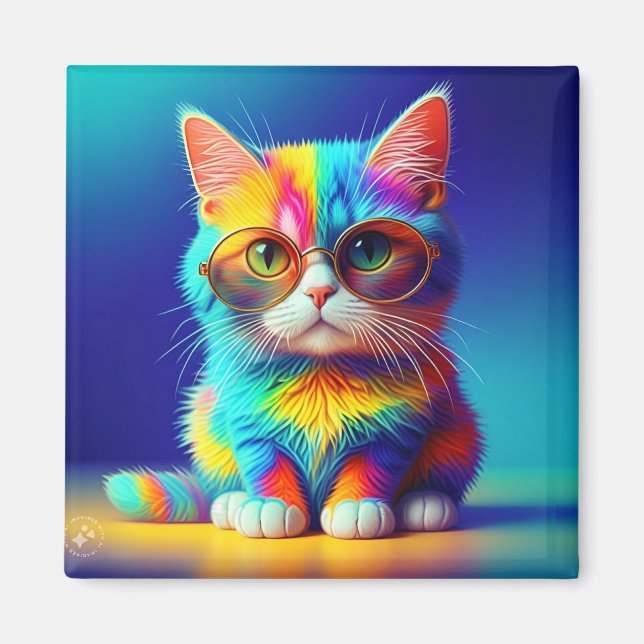 Regenbogenkatze mit Brille Portrait-47567 Magnet (Vorne)