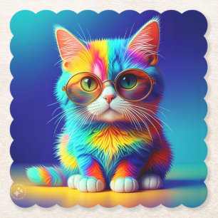 Regenbogenkatze mit Brille Portrait-47567 Untersetzer