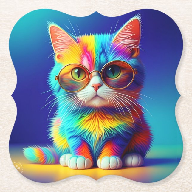 Regenbogenkatze mit Brille Portrait-47567 Untersetzer (Vorderseite)
