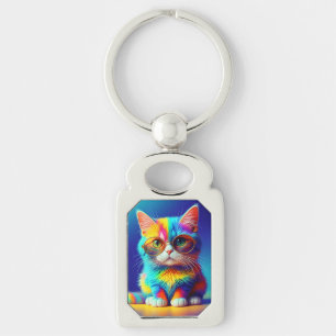 Regenbogenkatze mit Brille Schlüsselanhänger