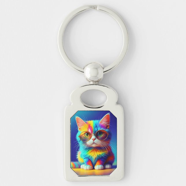 Regenbogenkatze mit Brille Schlüsselanhänger (Vorderseite)