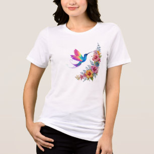 Regenbogenkolibri mit tropischer Blumenanordnung Tri-Blend Shirt