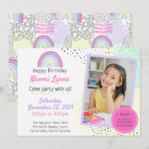 Regenbogenmädchens 90er Geburtstag Kawaii Kritzelb Einladung
