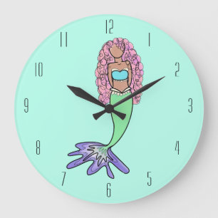 Regenbogenmeerjungfrau rosa blau lila grün schwarz große wanduhr