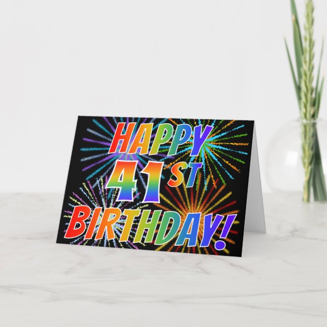 Regenbogenmuster "GLÜCKLICH 41. GEBURTSTAG!" + Feu Karte (Vorderseite)