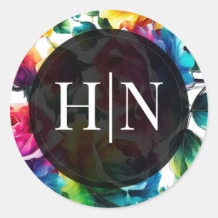 Regenbogenrosen Schwarz & Weiß Hochzeit mit leucht Runder Aufkleber