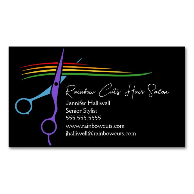 Regenbogenschere Chic Modernes Haar Stylist Salon Magnetische Visitenkarte (Vorderseite)