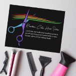 Regenbogenschere Haar Stylist Chic Salon Marketing Postkarte<br><div class="desc">Eine schicke,  schwarze Haarstylistin Business-Marketing-Postkarte mit einem farbenfrohen Logo der Regenbogenhaar-Schere. Passen Sie diese modernen LGBTQ-Beauty-Salons an und stylen Sie Visitenkarten in cooler weißer Schrift für einen Friseur oder Farbisten für eine große Eröffnung oder andere Werbeveranstaltungen.</div>