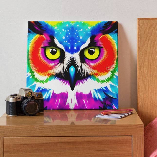 Regenbogenschüssel Gestrickte Leinwand (This colorful owl canvas would make a wonderful addition to any home! )