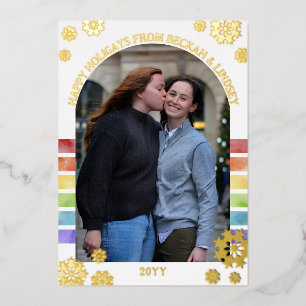 Regenbogenstreifen Goldene Schneeflocken Frohe Hol Folien Feiertagskarte
