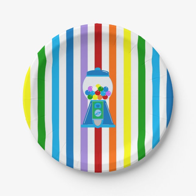 Regenbogenstreifen mit blauem Gumballgerät Pappteller (Vorderseite)