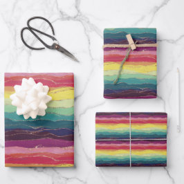Regenbogenstreifen mit Gold Geschenkpapier Set