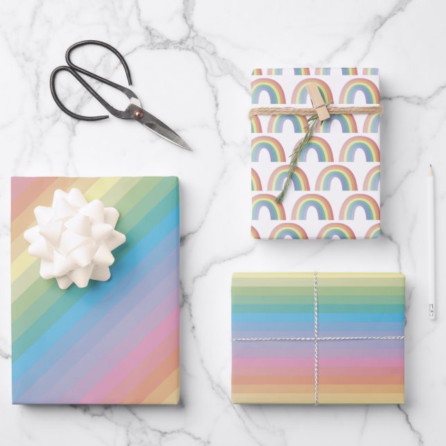 Regenbogenstreifen und Niedliches Regenbogenmuster Geschenkpapier Set (Vorderseite)