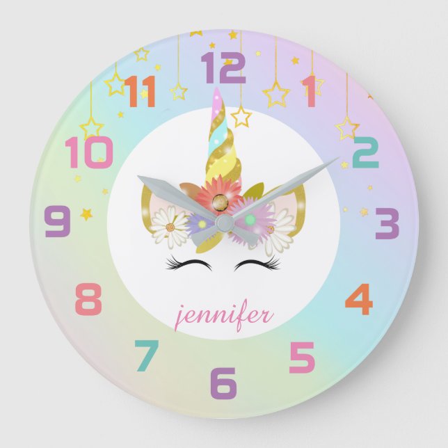 Regenbogenunicorn-Kinderzimmer-Dekor-Wand-Uhr Große Wanduhr (Vorderseite)