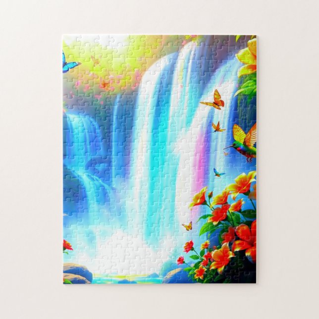 Regenbogenwasserfall mit Vogel und Schmetterlingen Puzzle (Vertikal)