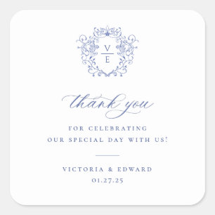 Regency Blau Crest Monogramm Hochzeit Danke Quadratischer Aufkleber