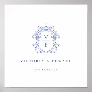 Regency Blau Wappen-Monogramm-Hochzeit Poster