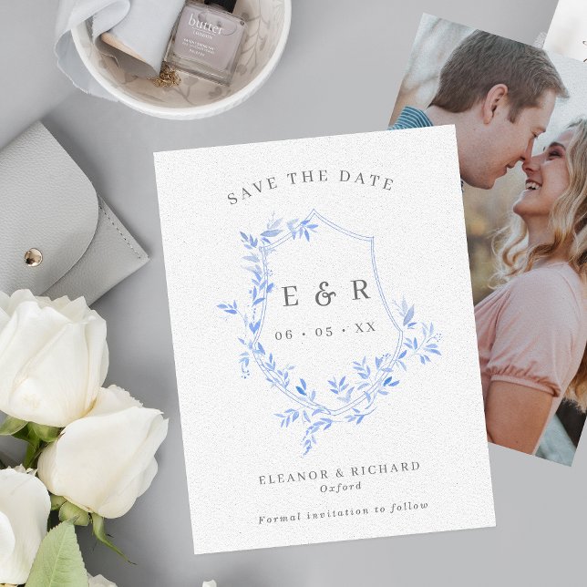 Regency Blue Blätter Wappen Monogram Wedding Foto Save The Date (Von Creator hochgeladen)