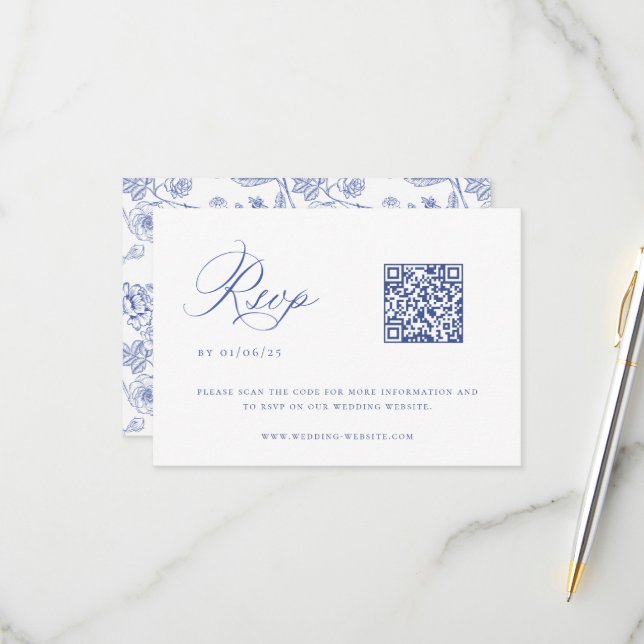 Regency Blue Chinoiserie Wedding QR Code RSVP Karte (Vorderseite/Rückseite Beispiel)