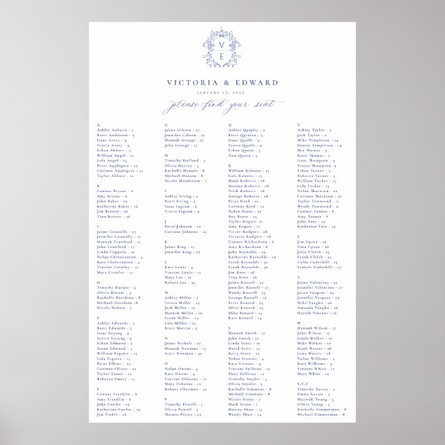 Regency Blue Crest Alphabetical Seating Plan Poster (Vorne)