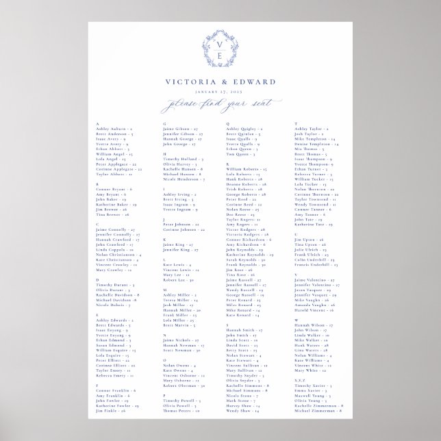 Regency Blue Crest Alphabetical Seating Plan Poster (Vorne)