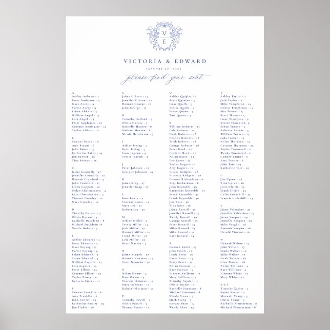 Regency Blue Crest Alphabetical Seating Plan Poster (Vorne)