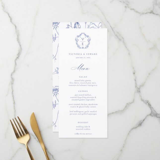 Regency Blue Crest Monogram Hochzeit Menükarte (Vorderseite/Rückseite Beispiel)