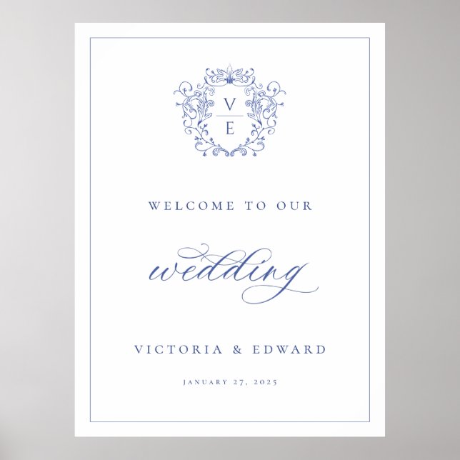 Regency Blue Crest Monogram Wedding Welcome Poster (Vorne)