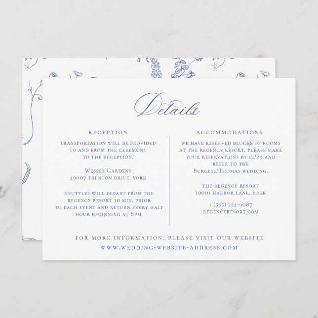 Regency Blue Floral Wedding Details Card Einladung (Vorne/Hinten)
