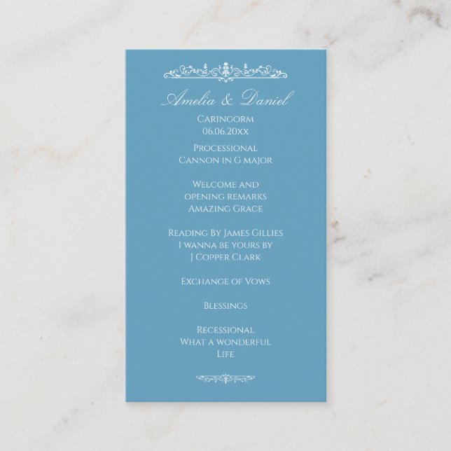 Regency Blue Hochzeitszeremonie-Programm Begleitkarte (Vorderseite)