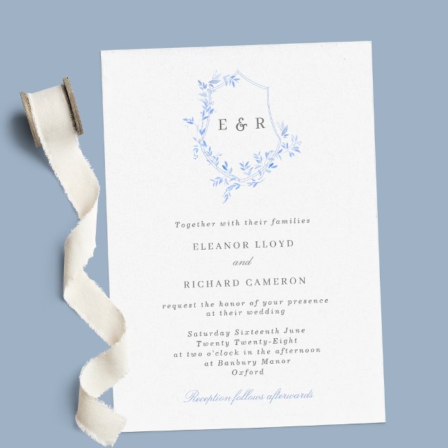 Regency Blue Monogram Leaf Wappen Wedding Einladun Einladung (Von Creator hochgeladen)