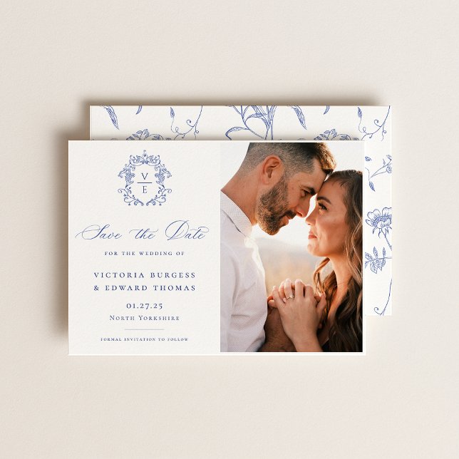 Regency Blue Monogram Wappen Wedding Foto Save The Date (Von Creator hochgeladen)