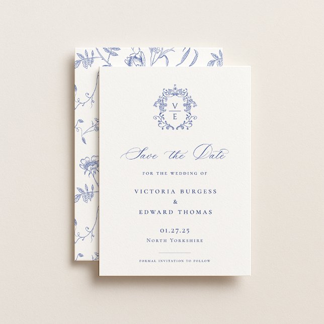 Regency Blue Monogram Wappen Wedding Save The Date (Von Creator hochgeladen)