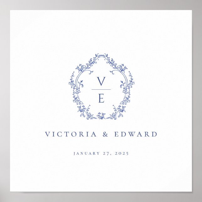 Regency Blue Verziert Wappen Monogram Wedding Poster (Vorne)