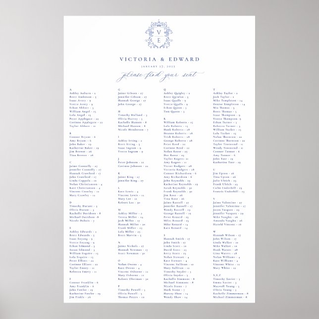 Regency Blue Wappen Alphabetisierungsplan Poster (Vorne)
