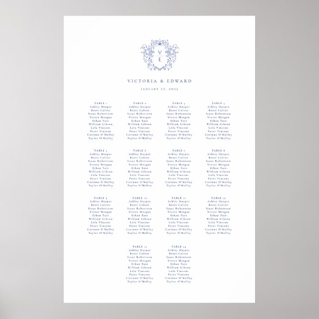 Regency Blue Wappen Monogram Seating Chart Poster (Vorne)