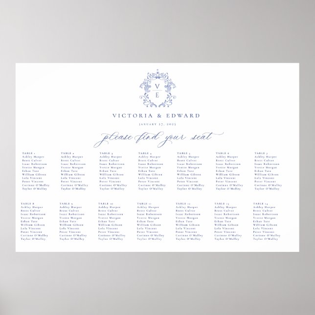 Regency Blue Wappen Monogram Seating Chart Poster (Vorne)