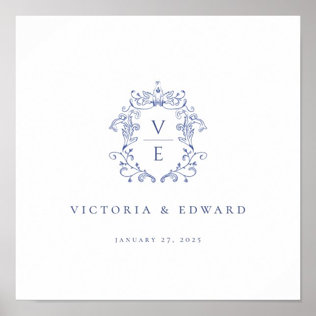 Regency Blue Wappen Monogram Wedding Poster (Vorne)