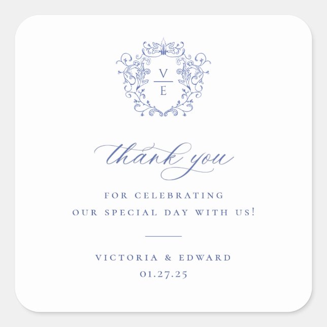 Regency Blue Wappen Monogram Wedding Vielen Dank Quadratischer Aufkleber (Vorderseite)