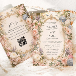 Regency-englische Floralgarten-Hochzeit QR RSVP Einladung
