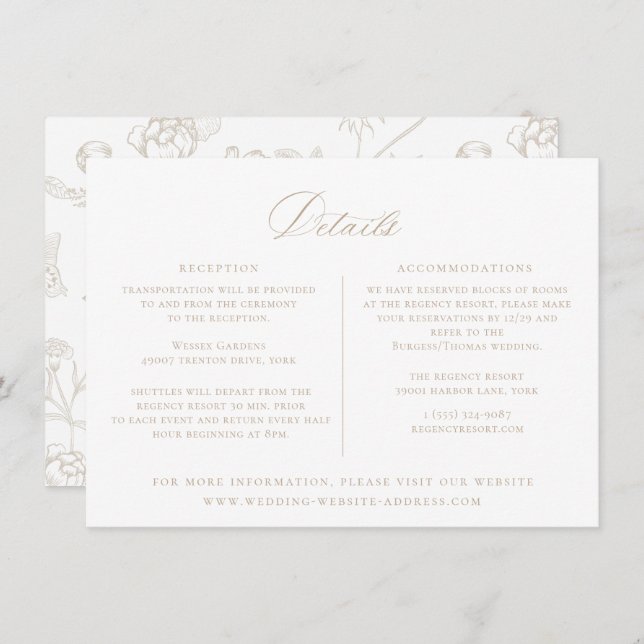 Regency Era Beige Floral Wedding Details Card Einladung (Vorne/Hinten)