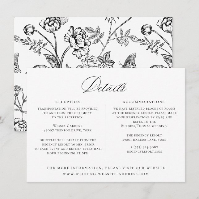 Regency Era Black Floral Wedding Details Card Einladung (Vorne/Hinten)