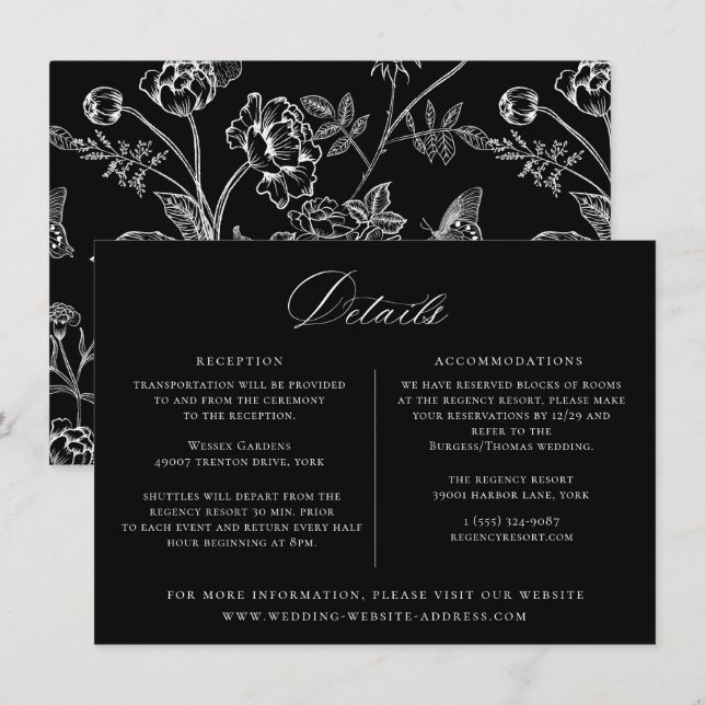 Regency Era Black Floral Wedding Details Card Einladung (Vorne/Hinten)